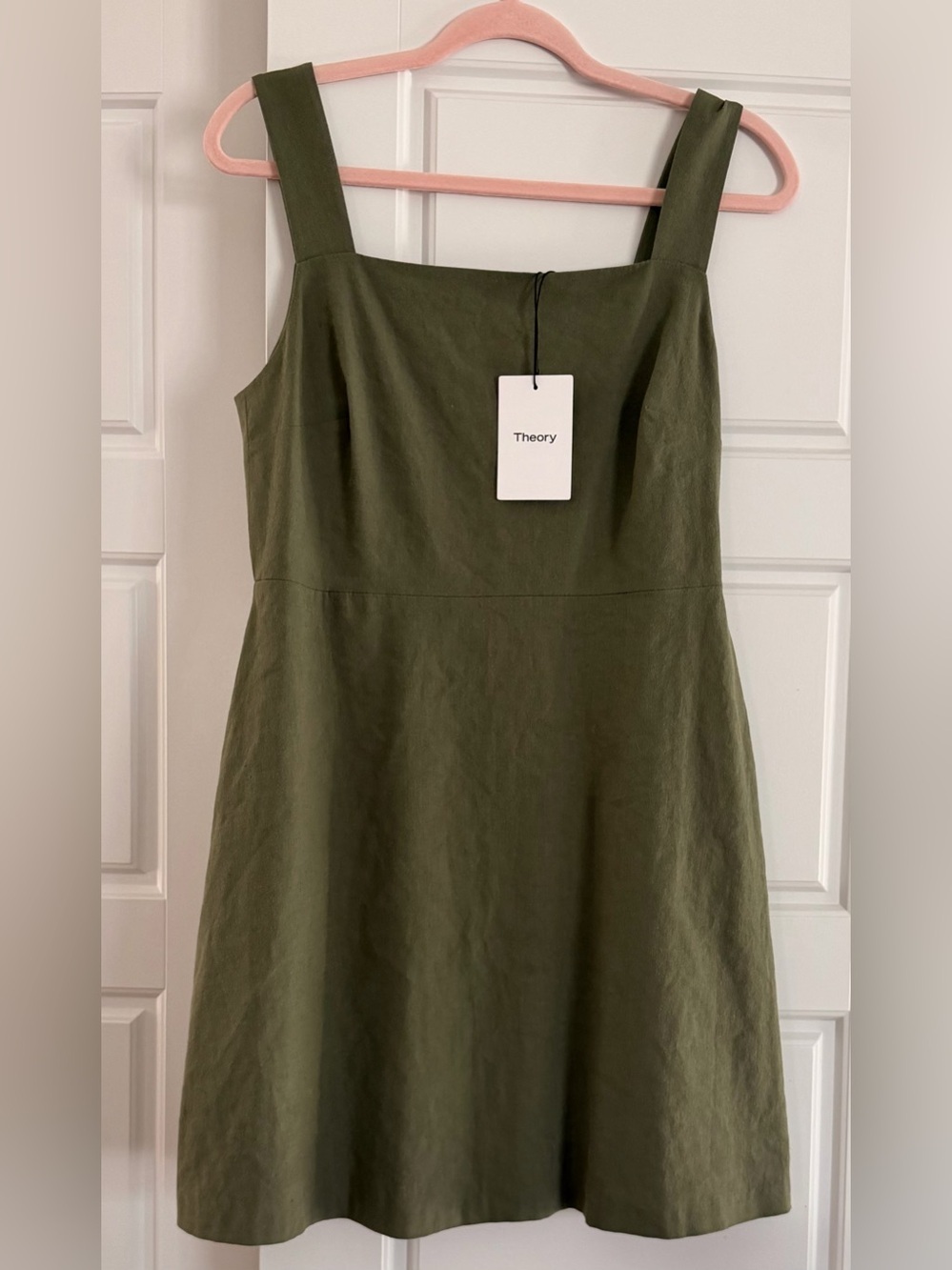 NWT Theory Olive Green Square-Neck Mini Dress, linen blend - Picture 2 of 5